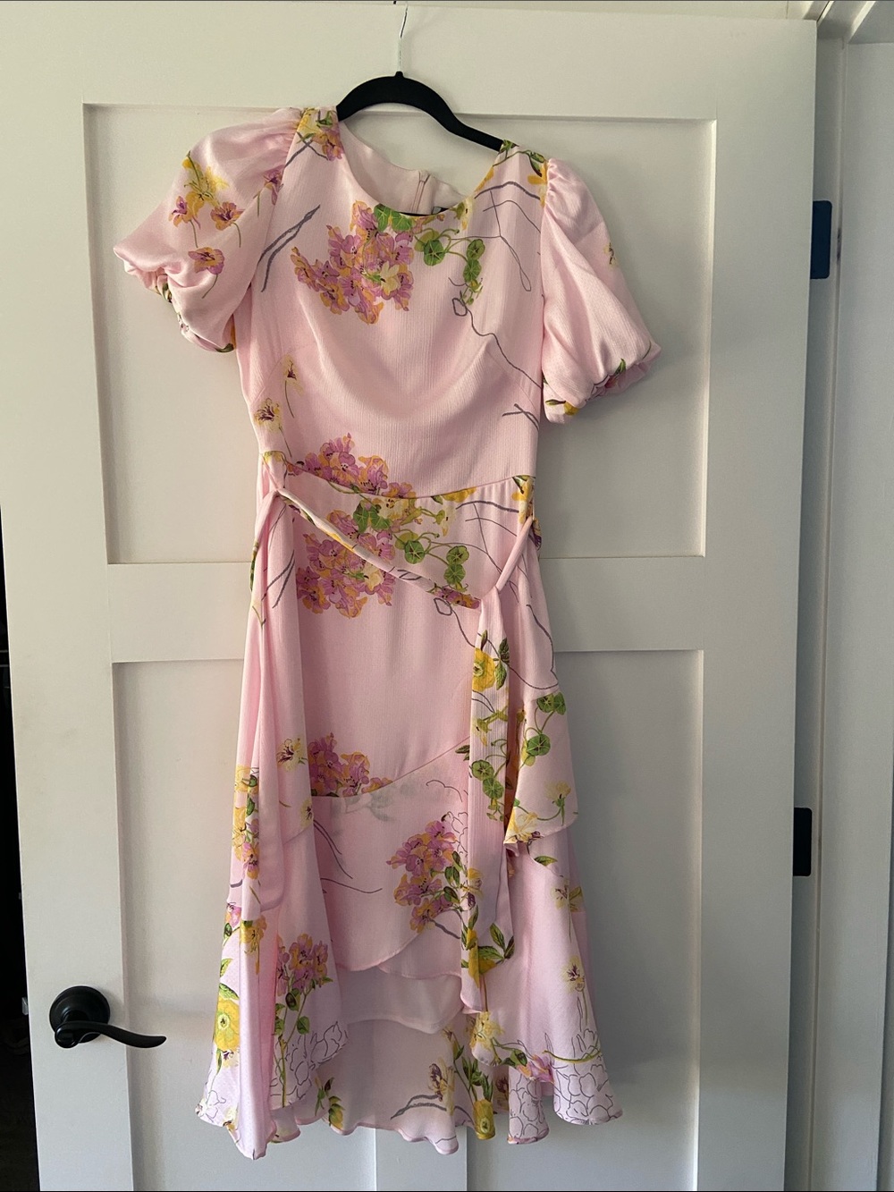 Maison Tara Pink Puff Sleeve Midi Dress floral